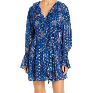 IRO Blue Floral Ruffle-Accent Sibuco V-Neck Wrap Dress Size 34 XS NWOT